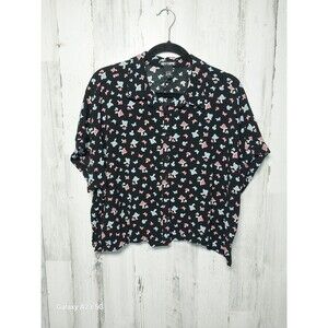 Women's  Mushroom & Butterfly Button Up Boxy Crop Blouse Size XL